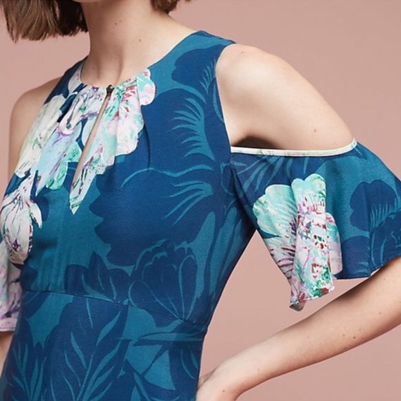Maeve Anthropologie Blue Floral Elia Open Shoulder Dress - Picture 3 of 6